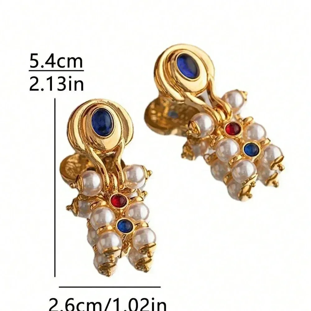 Blue Women's Imitation Stone Metallic Beaded Faux Pearl Gold Plated Earrings - Picture 6 of 8